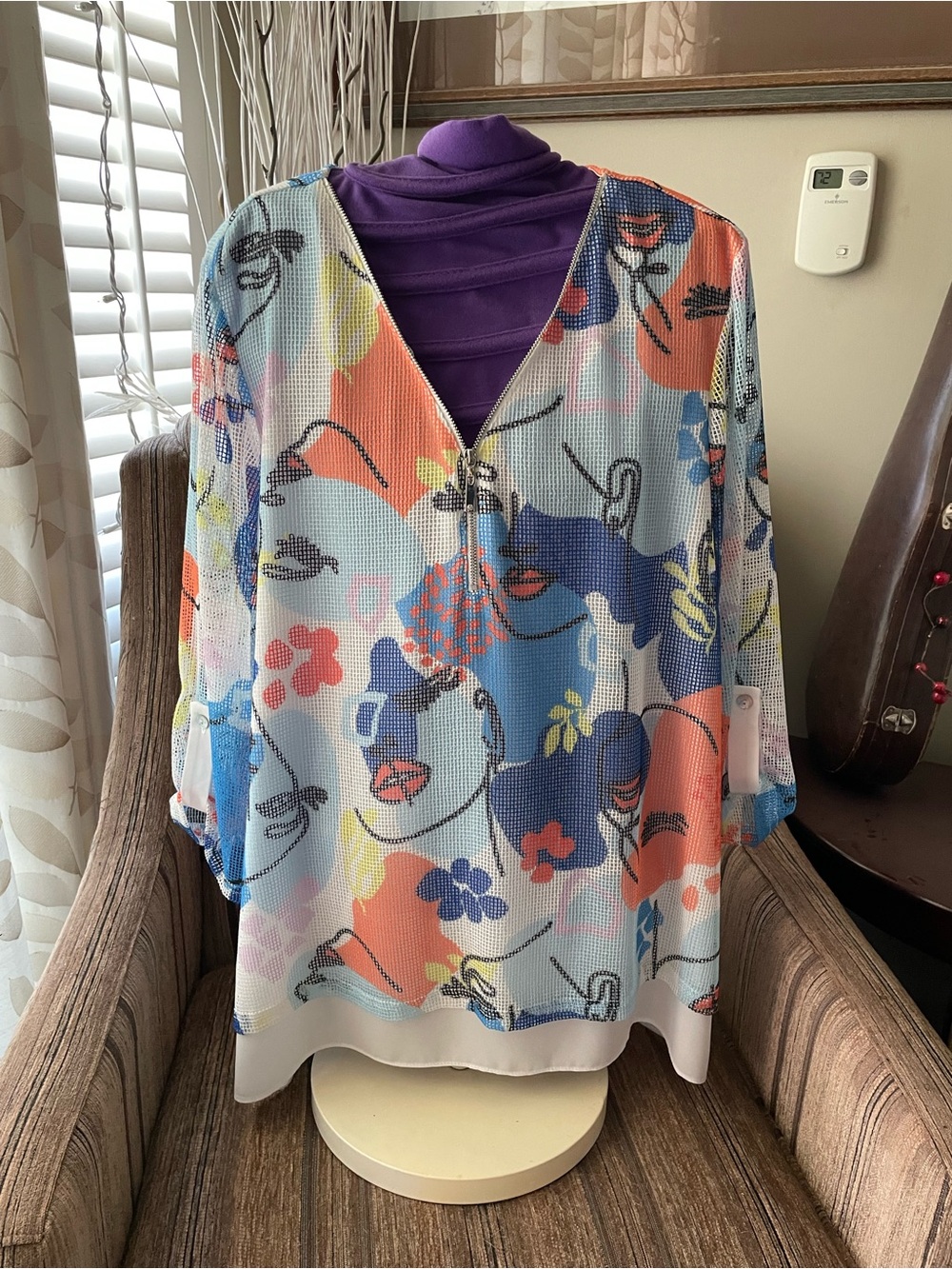 Joseph Ribkoff Multicolor Abstract Face Print Sheer Tunic